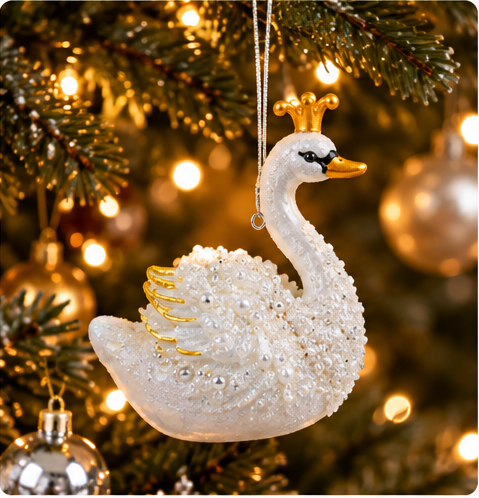 Glass Swan Ornament with Gold Crown