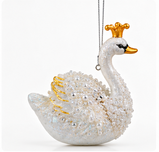 Glass Swan Ornament with Gold Crown