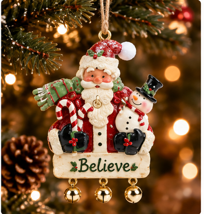 Santa with Snowman & Candy Cane Ornament