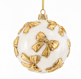 White Glass Bauble with Gold Bow – 100 mm