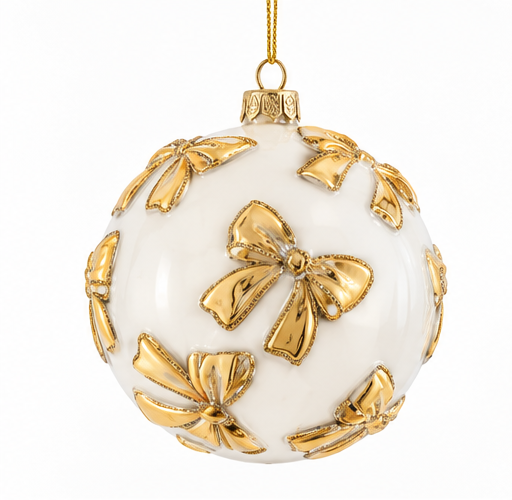 White Glass Bauble with Gold Bow – 100 mm