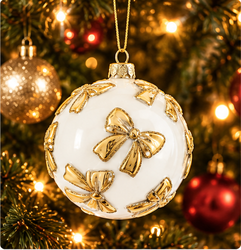 White Glass Bauble with Gold Bow – 100 mm
