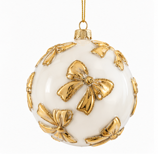 White Glass Bauble with Gold Bow – 100 mm