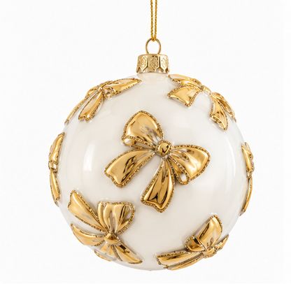 White Glass Bauble with Gold Bow – 100 mm