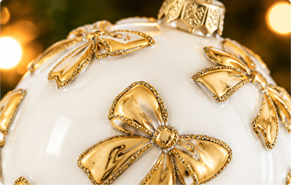White Glass Bauble with Gold Bow – 100 mm