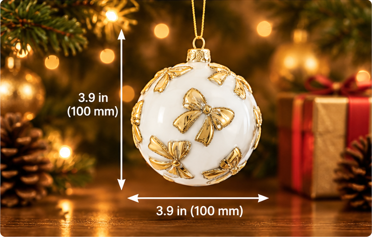 White Glass Bauble with Gold Bow – 100 mm